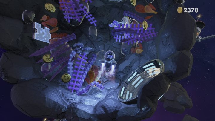 Collect all the coins from the round platform and pull on the cables to put on the astronaut suit again - Astros Playroom: Orbital Obstacles - walkthrough - SSD Highway - Astros Playroom Guide