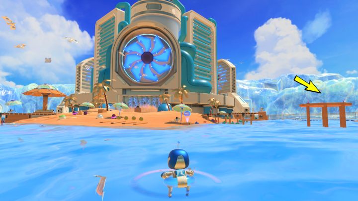 Slide down into the water and swim to shore - Astros Playroom: Bot Beach - walkthrough - Cooling sources - Astros Playroom Guide