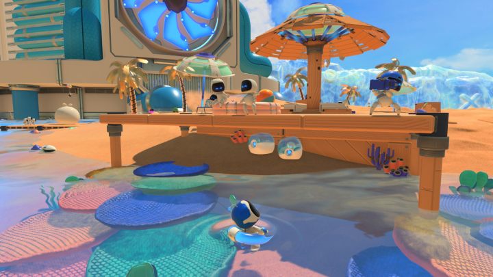 Jump off the umbrella and collect the coins that lie underneath - Astros Playroom: Bot Beach - walkthrough - Cooling sources - Astros Playroom Guide