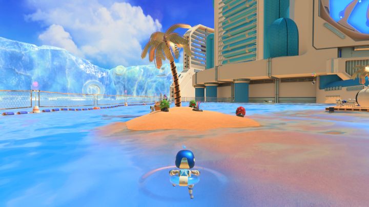 Swim to the island with a palm tree on it and defeat all enemies - Astros Playroom: Bot Beach - walkthrough - Cooling sources - Astros Playroom Guide