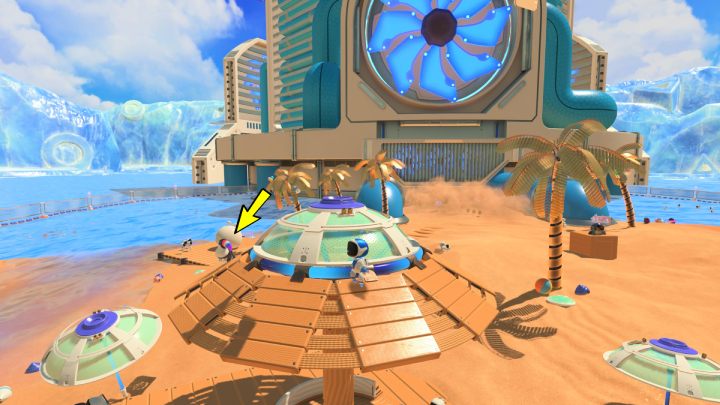 The scared bird will fly away onto a large umbrella - Astros Playroom: Bot Beach - walkthrough - Cooling sources - Astros Playroom Guide