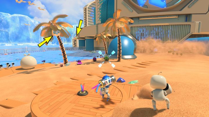 Near the umbrellas you will find some protruding wires stuck in wooden planks - Astros Playroom: Bot Beach - walkthrough - Cooling sources - Astros Playroom Guide