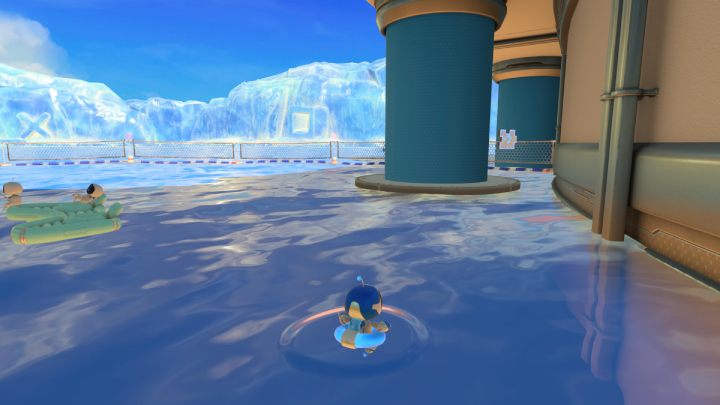 Go into the water between the palms and swim to the canister located on the raft - Astros Playroom: Bot Beach - walkthrough - Cooling sources - Astros Playroom Guide