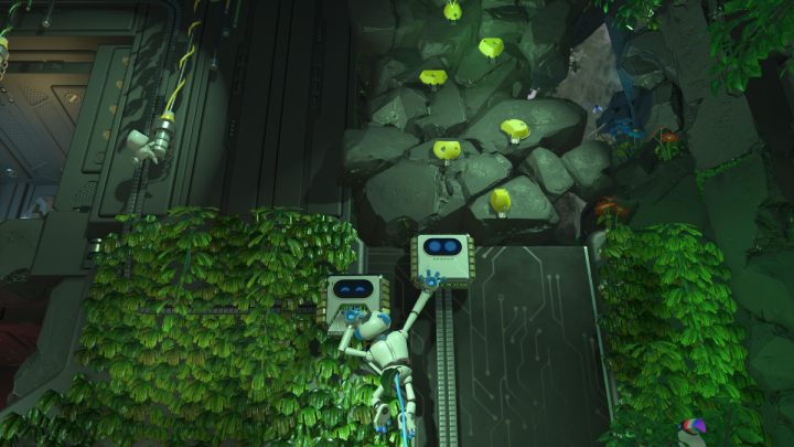 Grab the square above and climb the yellow sticks until you reach the checkpoint - Astros Playroom: Teraflop Treetops - walkthrough - GPU Jungle - Astros Playroom Guide