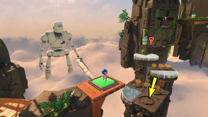 Take the coins from the container, and then go onto the red button - Astros Playroom: Raytrace Ruins - walkthrough - GPU Jungle - Astros Playroom Guide