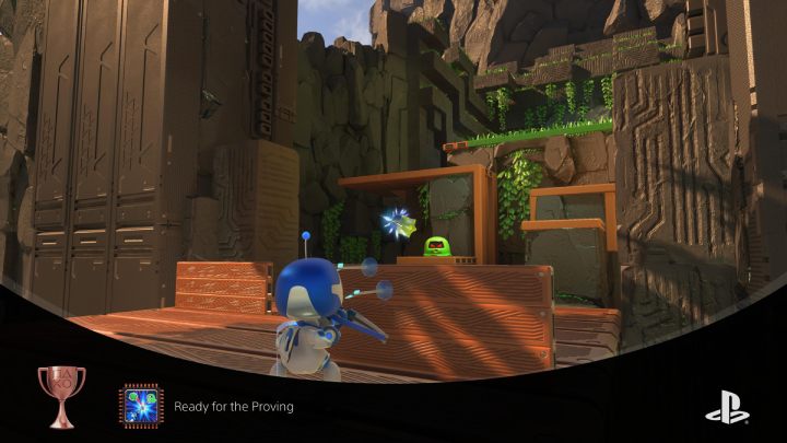 Climb the bridge and shoot down all spitting enemies while hiding behind a wooden shield - Astros Playroom: Raytrace Ruins - walkthrough - GPU Jungle - Astros Playroom Guide