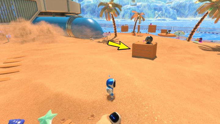 Schauen Sie sich um und finden Sie die Truhe, auf der sich ein Feind befindet, aus dessen Kopf Drähte herausragen – Astros Playroom: Bot Beach – Komplettlösung – Cooling Springs – Astros Playroom Guide
