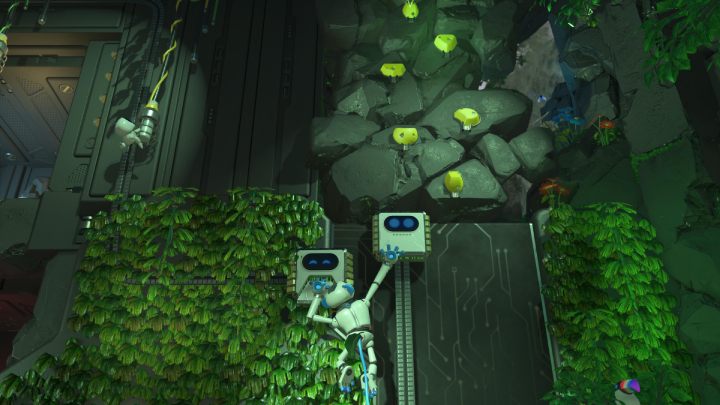 Schnappen Sie sich das Quadrat oben und klettern Sie auf die gelben Stöcke, bis Sie den Kontrollpunkt erreichen – Astros Playroom: Teraflop Treetops – Komplettlösung – GPU Jungle – Astros Playroom Guide