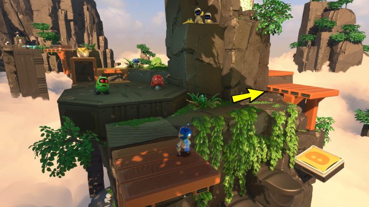 Springen Sie die Treppe hinauf auf das gelbe Trampolin, das Sie zum nächsten Bereich der Insel führt – Astros Playroom: Raytrace Ruins – Komplettlösung – GPU Jungle – Astros Playroom Guide