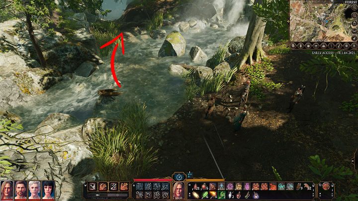 To get to the Owlbear Nest, you will have to cross the stream, and then follow the path down to the cave - Baldurs Gate 3: Owlbear - how to beat? - Bosses and difficult fights - Baldurs Gate 3 Guide, Walkthrough