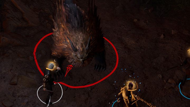 If your character is to be a target to an automatic attack, a red arrow will appear next to the Owlbear indicating the place where he can receive a blow - Baldurs Gate 3: Owlbear - how to beat? - Bosses and difficult fights - Baldurs Gate 3 Guide, Walkthrough