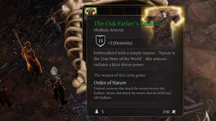 This is a very good item classified as light armor, which has 13 armor and adds 3 points to Dexterity, as well as an additional trait - Order of Nature, thanks to which undead creatures attacking the hero receive an additional 1d6 light damage - Baldurs Gate 3: Owlbear - how to beat? - Bosses and difficult fights - Baldurs Gate 3 Guide, Walkthrough