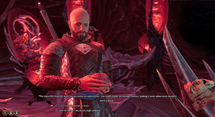 If you've successfully removed a talking brain from the skull, you can also complete the Dexterity test in order to secretly mutilate it - Baldurs Gate 3: Myrnath and the Talking Brain - Nautiloid puzzle solution - Solutions to puzzles - Baldurs Gate 3 Guide, Walkthrough