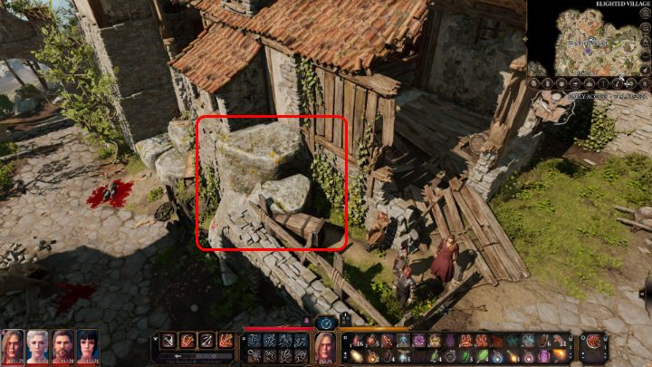 Find the stone steps to the left of the ruined hut and use them to climb to the roof - Baldurs Gate 3: Lump The Enlightened - how to beat? - Bosses and difficult fights - Baldurs Gate 3 Guide, Walkthrough