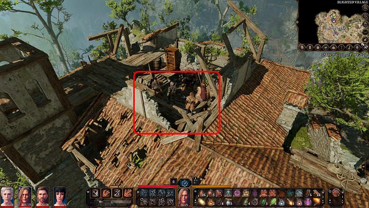 Once you're at the top, set your party members on the exposed beam so they have solid ground under their feet, as well as an excellent view of the Ogres at the bottom - Baldurs Gate 3: Lump The Enlightened - how to beat? - Bosses and difficult fights - Baldurs Gate 3 Guide, Walkthrough