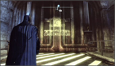 Find the entrance to the TYGER confiscated good treasury (screen above) and scan it - Riddles | Park Row - Park Row - Batman: Arkham City Game Guide