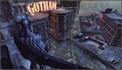 In order to solve this puzzle, get onto the roof of the GCPD building, located south-east from here (screen above) - Batman trophies (29-37) | Amusement Mile - Amusement Mile - Batman: Arkham City Game Guide