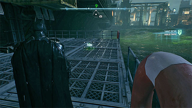 Examine the platform at the water - Riddler trophies on Founders Island (17-33) | Collectibles - Founders Island - Collectibles - Founders Island - Batman: Arkham Knight Game Guide & Walkthrough