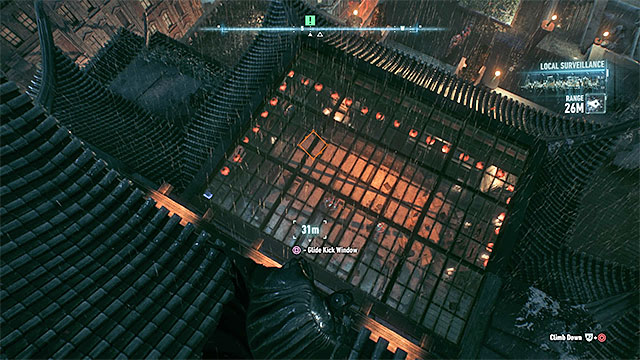 Enter the safe house through the glass roof. - Investigate Scarecrows safehouse | Main story - Main story - Batman: Arkham Knight Game Guide & Walkthrough