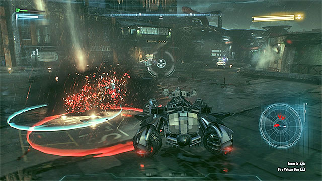 Move away from the red circles before they Arkham Knight attacks. - Destroy Arkham Knights flying machine | Main story - Main story - Batman: Arkham Knight Game Guide & Walkthrough
