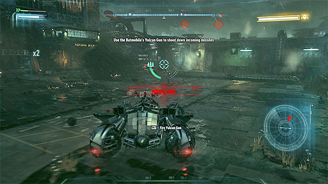 Use Vulcan Gun to destroy enemy missiles approaching you. - Destroy Arkham Knights flying machine | Main story - Main story - Batman: Arkham Knight Game Guide & Walkthrough