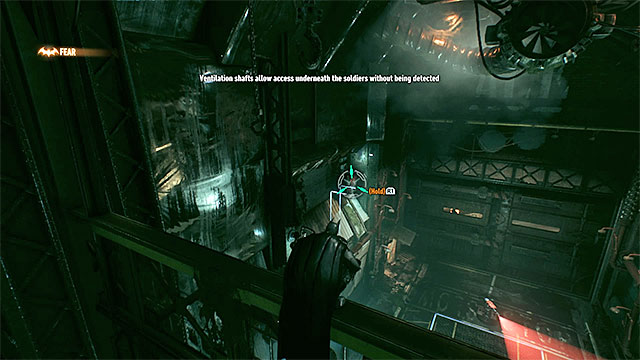Going through the ventilation shaft will allow you to get close to the enemies. - Stop Scarecrow from blowing up ACE Chemicals | Main story - Main story - Batman: Arkham Knight Game Guide & Walkthrough
