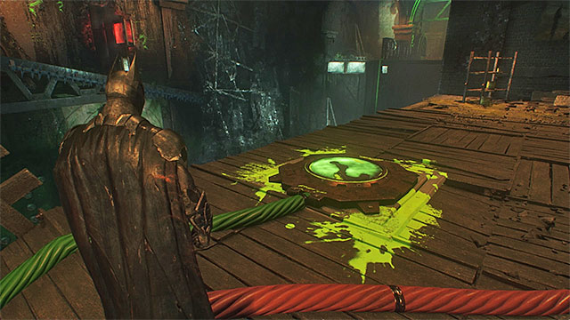 Turn right, use the blockade to extend the platform closer to you and park the batmobile there - Second Riddler trial - Riddles and challenges - Batman: Arkham Knight Game Guide & Walkthrough