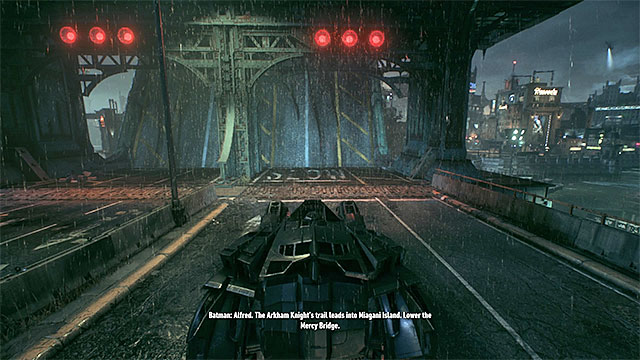 Stop when you reach the raised drawbridge. - Track the Arkham Knights vehicle using the Forensics Scanner | Main story - Main story - Batman: Arkham Knight Game Guide & Walkthrough
