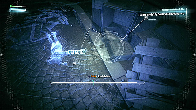 At the end, you need to find the trail that Oracle left behind her, after getting out of the car and being caught by Arkham Knight again - Investigate the crash site | Main story - Main story - Batman: Arkham Knight Game Guide & Walkthrough
