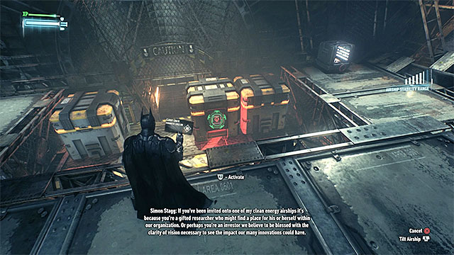 Head straight and stop in the room with three new crates - Infiltrate the first airship | Main story - Main story - Batman: Arkham Knight Game Guide & Walkthrough