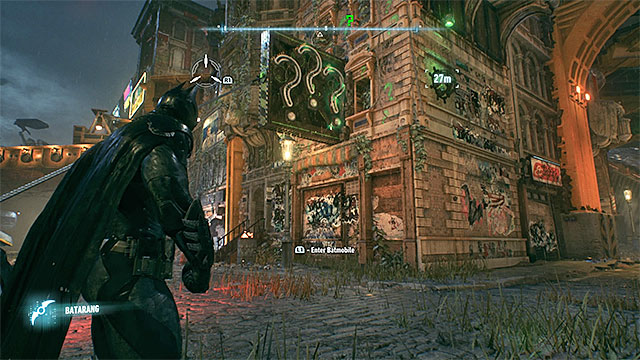 Once you pull the question marks from the wall, hit them with batarangs - Riddler trophies on Founders Island (1-16) | Collectibles - Founders Island - Collectibles - Founders Island - Batman: Arkham Knight Game Guide & Walkthrough