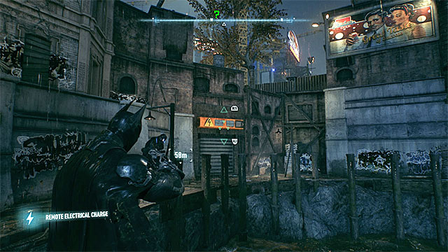 The gate on which you must use the remote electrical charge - Riddler trophies on Founders Island (1-16) | Collectibles - Founders Island - Collectibles - Founders Island - Batman: Arkham Knight Game Guide & Walkthrough