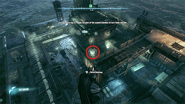 One of the places when you can use a Batarang. - Use the antenna at the Falcone Shipping Yard | Main story - Main story - Batman: Arkham Knight Game Guide & Walkthrough