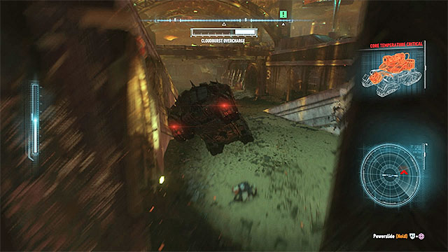 During the escape, dont stop and avoid the fire from the overloaded tank - Arkham Knight - second encounter (Cloudburst tank battle) | Boss fights - Boss fights - Batman: Arkham Knight Game Guide & Walkthrough