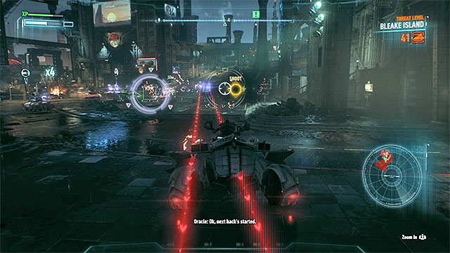 Look around for violet and yellow icons, hitting the machines marked with them will make it much easier for you to win - Defend the Gotham City Police Department | Main story - Main story - Batman: Arkham Knight Game Guide & Walkthrough
