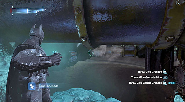 Look down and use glue grenades on the two pipes that you can see in the distance - Gain access to Blackgate Prison via the sewers - Main storyline - Batman: Arkham Origins - Game Guide and Walkthrough