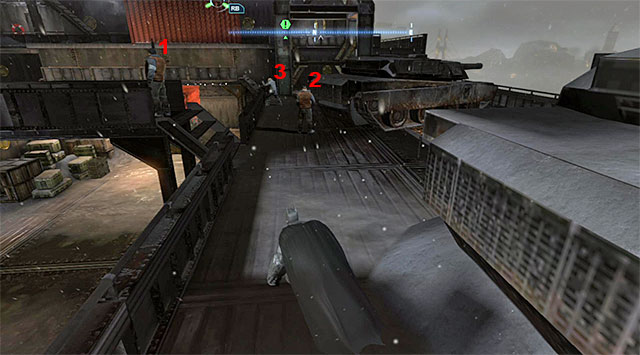 On the opposite side, there are three guards and, since two of them stay put in one spot, eliminating them will be a bit easier - Gain access to the Final Offer - Main storyline - Batman: Arkham Origins - Game Guide and Walkthrough