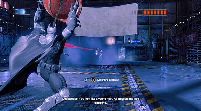 Another new element to this phase of the fight is the possibility of a situation in which Deathstroke uses his remote claw to attach Batman to an explosive tank - Defeat Deathstroke - Main storyline - Batman: Arkham Origins - Game Guide and Walkthrough