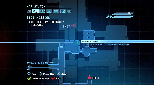 The collectible is in the Evidence Locker and the way to reach there has been described in the Acquire the disruptor at the evidence locker main mission description - The best hidden datapacks - Extortion File 19 (Burnley) - Enigma Datapacks - Batman: Arkham Origins - Game Guide and Walkthrough