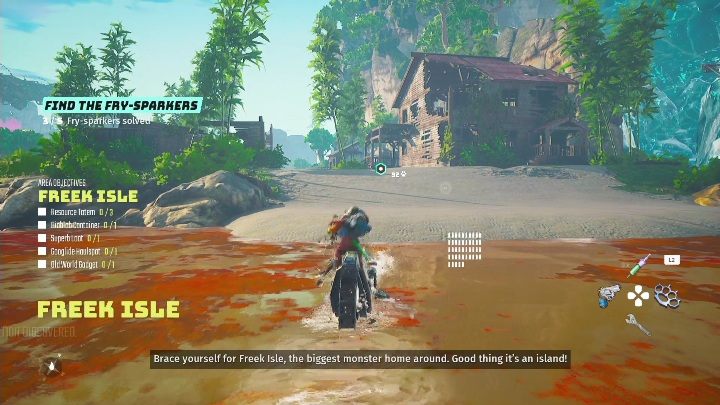 Location: In a brown, dilapidated building, on the beach in Freek Isle - Biomutant: Find The Fry-Sparkers - walkthrough - Exploration - Biomutant Guide