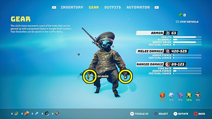 When you go to the Gear tab in your inventory, you can view different types of equipment by selecting the corresponding interactive points on the hero's body - Biomutant: Firearms in inventory - where to find it? - FAQ - Biomutant Guide