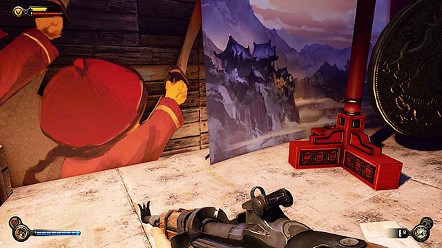 Notice a poster located near the table - Defeat Slates men | Chapter 9 - Hall of Heroes - Chapter 9 - Hall of Heroes - BioShock Infinite Guide