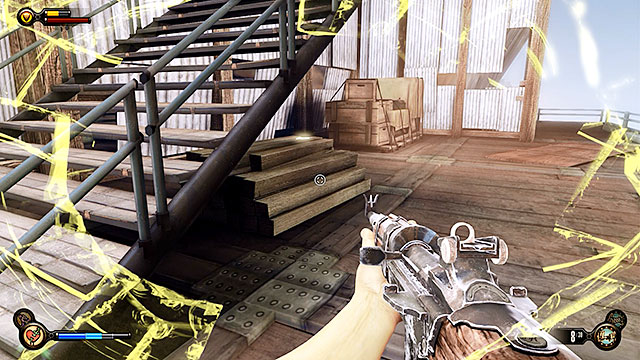 You should notice a lockpick under the stairs where youve dropped from the sky-line - Introduction - Lockpicks - BioShock: Infinite - Game Guide and Walkthrough