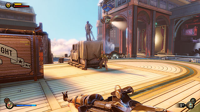 You can explore most of the areas in the docks without any restrictions, however entering a barge located to the right will result in a hostile reaction from its guard - Find Elizabeth - Chapter 13 - Finkton Docks - BioShock: Infinite - Game Guide and Walkthrough