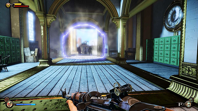 Get to the other side of the barricade and open a large door - Pursue Elizabeth - Chapter 14 - Beggars Wharf - BioShock: Infinite - Game Guide and Walkthrough