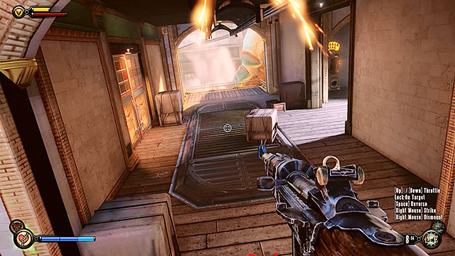 Use the sky-line above the square to reach an upper floor - Rescue Elizabeth - Chapter 15 - Fort Franklin Pier - BioShock: Infinite - Game Guide and Walkthrough