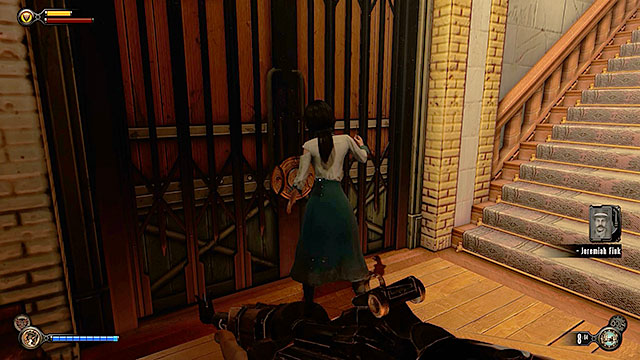 Walk past the people standing in front of a vending machine located in the middle of the hall and use the stairs (it doesnt matter on which side) to get to a lower floor - Find a way into Finkton - Chapter 16 - Worker Induction Center / Finkton Proper - BioShock: Infinite - Game Guide and Walkthrough