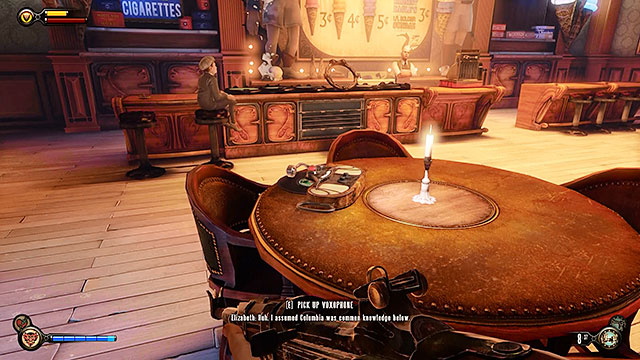 Theres a new Voxophone #23: I Am His Mirror - Zachary Hale Comstock on one of the tables inside the ice cream shop - Take Elizabeth to the First Lady airship - Chapter 8 - Soldiers Field - BioShock: Infinite - Game Guide and Walkthrough