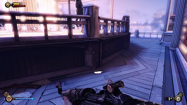Leave the store and inspect the carousels stairs to find another lockpick (a shining object seen on the screen above) - Take Elizabeth to the First Lady airship - Chapter 8 - Soldiers Field - BioShock: Infinite - Game Guide and Walkthrough