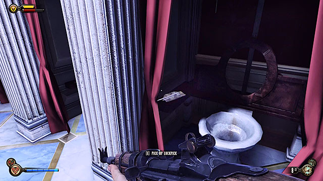 The bathroom to the right of the damaged vending machine is occupied by two policemen - Find Shock Jockey at the Hall of Heroes - Chapter 8 - Soldiers Field - BioShock: Infinite - Game Guide and Walkthrough